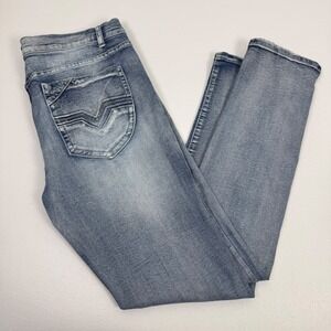 Blue Cult Mens Acid Wash Slim Jeans Light Blue Embroidered Pockets Size 36